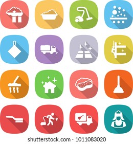 flat vector icon set - factory filter vector, washing, vacuum cleaner, rag, sweeper, clean floor, skyscrapers cleaning, house, sponge with foam, plunger, brush, home call