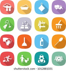 flat vector icon set - factory filter vector, washing, rag, sweeper, vacuum cleaner, clean floor, skyscrapers cleaning, wiping, plunger, toilet cleanser, duster, outsource