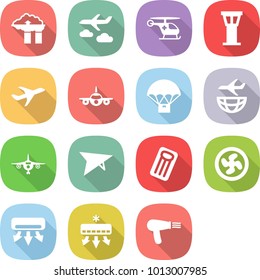 flat vector icon set - factory filter vector, journey, ambulance helicopter, airport tower, plane, parachute delivery, shipping, deltaplane, inflatable mattress, cooler fan, air conditioning