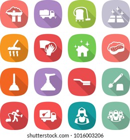 flat vector icon set - factory filter vector, sweeper, vacuum cleaner, clean floor, wiping, house cleaning, sponge with foam, plunger, brush, toilet, home call, outsource