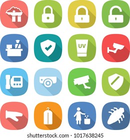 flat vector icon set - factory filter vector, lock, unlock, customs control, protected, uv cream, surveillance, intercome, camera, shield, cook glove, dry wash, garbage bin, bug