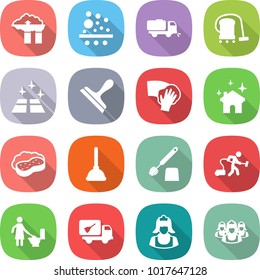 flat vector icon set - factory filter vector, sweeper, vacuum cleaner, clean floor, scraper, wiping, house cleaning, sponge with foam, plunger, toilet brush, home call, outsource