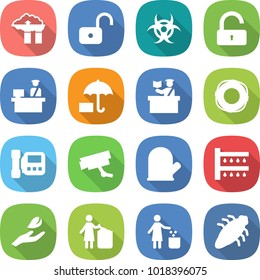 flat vector icon set - factory filter vector, unlock, biohazard, customs control, insurance, inspector, lifebuoy, intercome, surveillance camera, cook glove, watering, hand leaf, garbage bin, bug