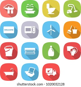 flat vector icon set - factory filter vector, fountain, toilet, vacuum cleaner, welcome mat, microwave oven, windmill, bucket and broom, foam, sponge, cleanser, wiping, bath, floor washing