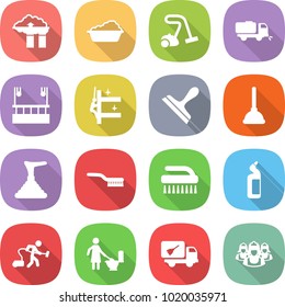 flat vector icon set - factory filter vector, washing, vacuum cleaner, sweeper, skysrcapers cleaning, skyscrapers, scraper, plunger, brush, toilet cleanser, home call, outsource