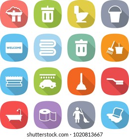 Flat Vector Icon Set - Factory Filter Vector, Bin, Toilet, Bucket, Welcome Mat, Towel, Trash, And Broom, Sponge, Car Wash, Plunger, Brush, Bath, Paper, Brooming, Floor Washing