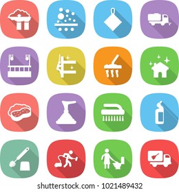 flat vector icon set - factory filter vector, rag, sweeper, skysrcapers cleaning, skyscrapers, vacuum cleaner, house, sponge with foam, plunger, brush, toilet cleanser, home call