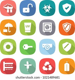 flat vector icon set - factory filter vector, unlock, biohazard, protected, insurance, uv cream, safe, shield, lifebuoy, key, surveillance camera, watering, scarecrow, recycling, dry wash