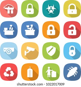 flat vector icon set - factory filter vector, lock, biohazard, customs control, inspector, locked, unlocked, surveillance camera, shield, recycling, dry wash, garbage bin, bug