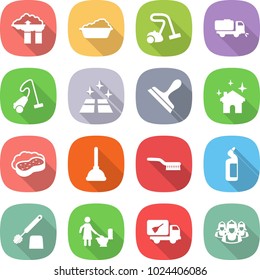 flat vector icon set - factory filter vector, washing, vacuum cleaner, sweeper, clean floor, scraper, house cleaning, sponge with foam, plunger, brush, toilet cleanser, home call, outsource