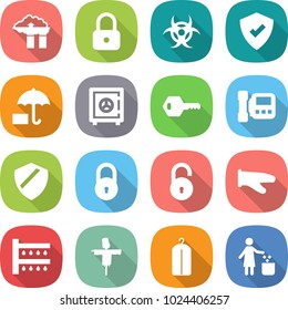 flat vector icon set - factory filter vector, lock, biohazard, protected, insurance, safe, key, intercome, shield, unlock, cook glove, watering, scarecrow, dry wash, garbage bin