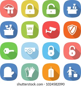 flat vector icon set - factory filter vector, lock, unlock, customs control, inspector, uv cream, surveillance, shield, key, camera, cook glove, gloves, dry wash, garbage bin