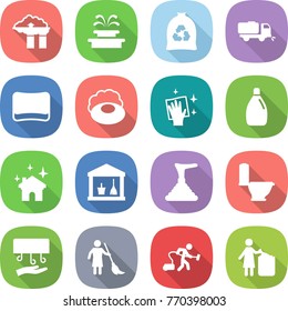 flat vector icon set - factory filter vector, fountain, garbage bag, sweeper, sponge, soap, wiping, cleanser, house cleaning, utility room, plunger, toilet, hand dryer, brooming, vacuum cleaner, bin