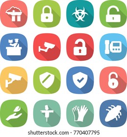 flat vector icon set - factory filter vector, lock, biohazard, unlock, inspector, surveillance, unlocked, intercome, camera, shield, hand leaf, scarecrow, gloves, bug