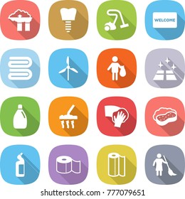 flat vector icon set - factory filter vector, tooth implant, vacuum cleaner, welcome mat, towel, windmill, trash, clean floor, cleanser, wiping, sponge with foam, toilet, paper, brooming