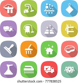 flat vector icon set - factory filter vector, vacuum cleaner, rag, sweeper, clean floor, skyscrapers cleaning, scraper, house, sponge with foam, plunger, brush, home call, outsource