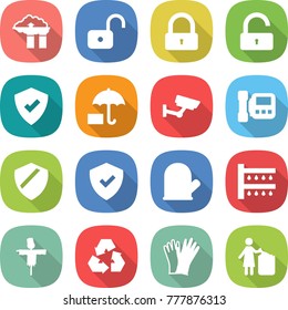 flat vector icon set - factory filter vector, unlock, lock, protected, insurance, surveillance, intercome, shield, cook glove, watering, scarecrow, recycling, gloves, garbage bin