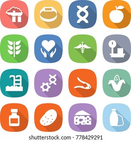 flat vector icon set - factory filter vector, smart bracelet, dna, apple, spikelets, health care, ambulance sign, warehouse scales, pool, edit, walnut crack, corn, pills bottle, potato, cheese