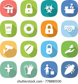 flat vector icon set - factory filter vector, lock, biohazard, customs control, uv cream, lifebuoy, locked, surveillance camera, shield, hand leaf, scarecrow, gloves, garbage bin, bug