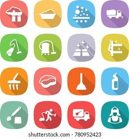 flat vector icon set - factory filter vector, washing, sweeper, vacuum cleaner, clean floor, skyscrapers cleaning, sponge with foam, plunger, toilet cleanser, brush, home call