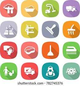 flat vector icon set - factory filter vector, washing, vacuum cleaner, sweeper, clean floor, skyscrapers cleaning, scraper, wiping, sponge with foam, plunger, brush, toilet, home call, outsource