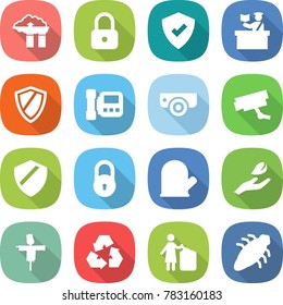 flat vector icon set - factory filter vector, lock, protected, inspector, shield, intercome, surveillance camera, cook glove, hand leaf, scarecrow, recycling, garbage bin, bug