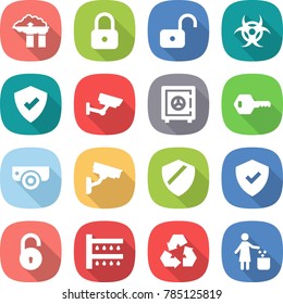 flat vector icon set - factory filter vector, lock, unlock, biohazard, protected, surveillance, safe, key, camera, shield, watering, recycling, garbage bin