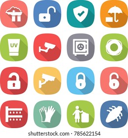 flat vector icon set - factory filter vector, unlock, protected, insurance, uv cream, surveillance, safe, lifebuoy, unlocked, camera, lock, watering, gloves, garbage bin, bug