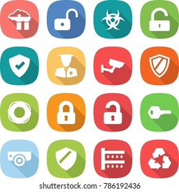flat vector icon set - factory filter vector, unlock, biohazard, protected, security man, surveillance, shield, lifebuoy, locked, unlocked, key, camera, watering, recycling