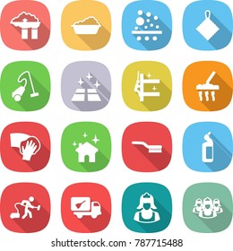 flat vector icon set - factory filter vector, washing, rag, vacuum cleaner, clean floor, skyscrapers cleaning, wiping, house, brush, toilet cleanser, home call, outsource