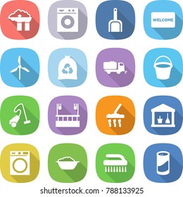 flat vector icon set - factory filter vector, washing machine, scoop, welcome mat, windmill, garbage bag, sweeper, bucket, vacuum cleaner, skysrcapers cleaning, utility room, foam basin, brush