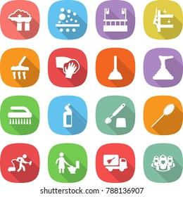 flat vector icon set - factory filter vector, skysrcapers cleaning, skyscrapers, vacuum cleaner, wiping, plunger, brush, toilet cleanser, duster, home call, outsource