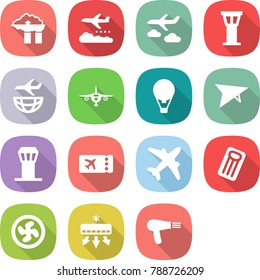 flat vector icon set - factory filter vector, weather management, journey, airport tower, plane shipping, air ballon, deltaplane, ticket, airplane, inflatable mattress, cooler fan, conditioning