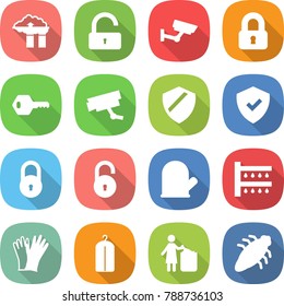 flat vector icon set - factory filter vector, unlock, surveillance, locked, key, camera, shield, lock, cook glove, watering, gloves, dry wash, garbage bin, bug