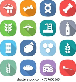 flat vector icon set - factory filter vector, bone, dna, spikelets, ambulance sign, pool, vegetable oil, pasta, lemon, honeycombs, spike, bread, cheese, tooth brush