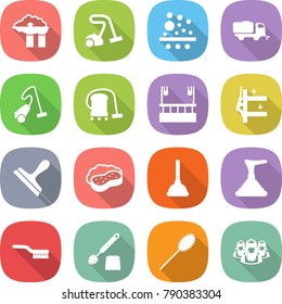 flat vector icon set - factory filter vector, vacuum cleaner, sweeper, skysrcapers cleaning, skyscrapers, scraper, sponge with foam, plunger, brush, toilet, duster, outsource