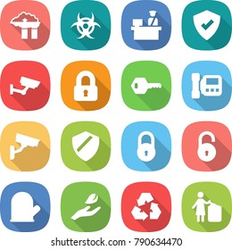flat vector icon set - factory filter vector, biohazard, customs control, protected, surveillance, locked, key, intercome, camera, shield, lock, unlock, cook glove, hand leaf, recycling, garbage bin