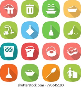 flat vector icon set - factory filter vector, bin, fountain, washing, vacuum cleaner, rag, broom, trash, foam bucket, soap, sponge with, plunger, basin, duster, garbage