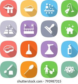 flat vector icon set - factory filter vector, washing, vacuum cleaner, clean floor, skysrcapers cleaning, scraper, house, sponge with foam, plunger, toilet cleanser, brush, duster, outsource