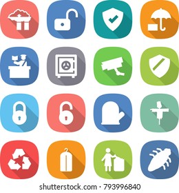 flat vector icon set - factory filter vector, unlock, protected, insurance, inspector, safe, surveillance camera, shield, lock, cook glove, scarecrow, recycling, dry wash, garbage bin, bug