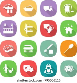 flat vector icon set - factory filter vector, washing, sweeper, vacuum cleaner, skysrcapers cleaning, skyscrapers, wiping, house, sponge with foam, brush, toilet, duster, home call, outsource