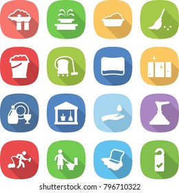 flat vector icon set - factory filter vector, fountain, washing, broom, foam bucket, vacuum cleaner, sponge, clean window, dish cleanser, utility room, hand and drop, plunger, toilet cleaning, floor