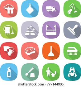 flat vector icon set - factory filter vector, rag, sweeper, vacuum cleaner, clean floor, skysrcapers cleaning, scraper, wiping, sponge with foam, plunger, brush, toilet cleanser