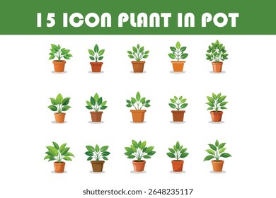 Flat vector icon set featuring 15 different potted plant styles and pots. Perfect for gardening apps, indoor decor branding, eco graphics, and botanical design projects.

