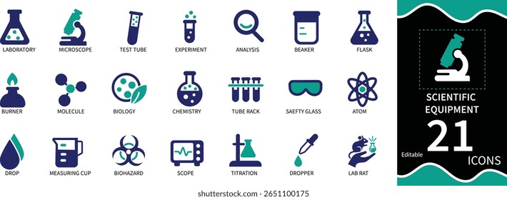 Ícone de vetor plano com equipamento científico essencial usado em laboratórios e instalações de pesquisa. Inclui ícones para microscópios, tubos de ensaio, frascos, vidro de laboratório, ferramentas de medição, 