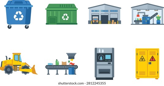 A flat vector icon set featuring recycling bins, waste processing facilities, recycling machinery, and industrial equipment for environmental management. Ideal for sustainability projects, waste management, recycling services, presentations, websites, and educational materials.