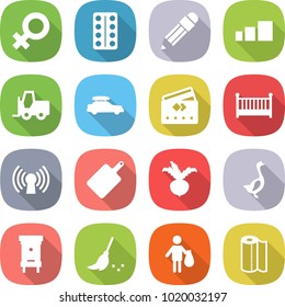 flat vector icon set - female sign vector, pills blister, pencil, sorting, fork loader, car baggage, credit card, crib, antenna, cutting board, beet, goose, hive, broom, trash, paper towel