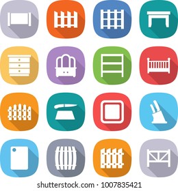 flat vector icon set - fence vector, pallet, table, chest of drawers, dresser, rack, crib, cutting board, knife holder, barrel, farm