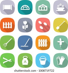flat vector icon set - fence vector, greenhouse, flower bed, perishable, seeds, shovel, fork, rake, scarecrow, pruner, fertilizer, bucket, gloves