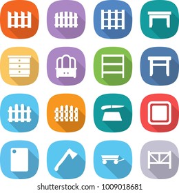 flat vector icon set - fence vector, pallet, table, chest of drawers, dresser, rack, stool, cutting board, axe, trailer, farm